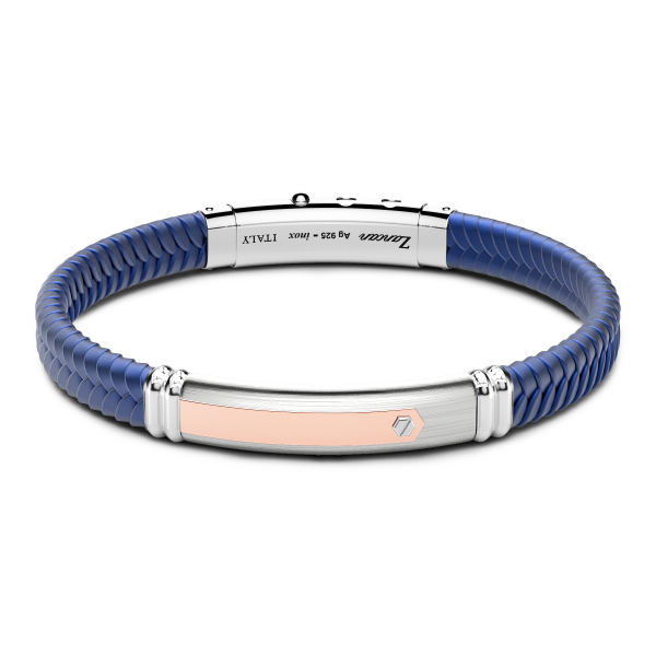 Bracciale Zancan in silicone nero con targa in argento e dettagli in oro rosa.