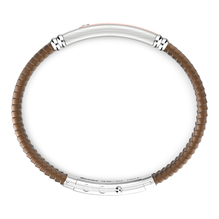 Bracciale Zancan in silicone nero con targa in argento e dettagli in oro rosa.