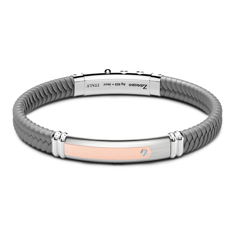 Zancan black silicone bracelet with silver tag and rose gold details.