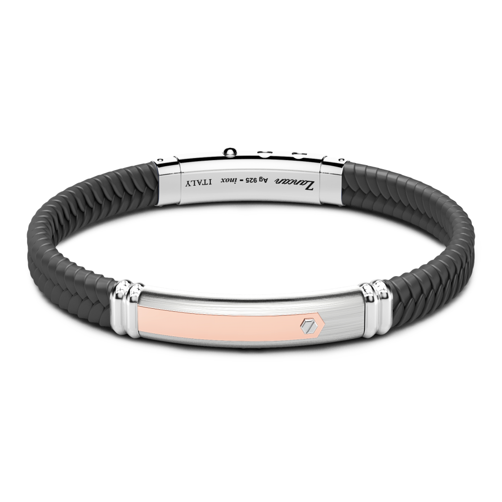 Zancan black silicone bracelet with silver tag and rose gold details.