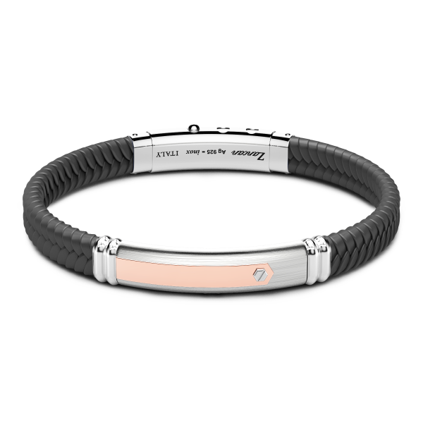 Bracciale Zancan in silicone nero con targa in argento e dettagli in oro rosa.