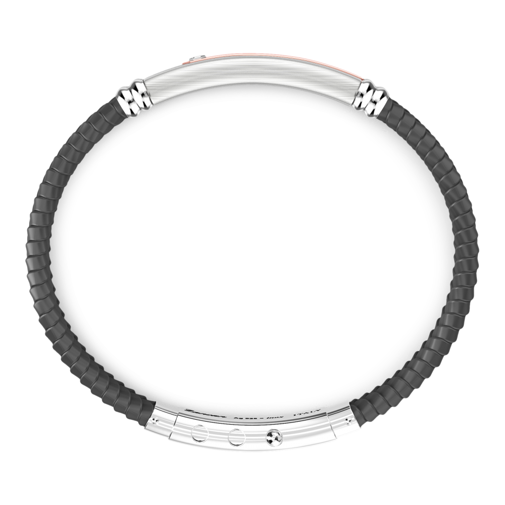 Zancan black silicone bracelet with silver tag and rose gold details.