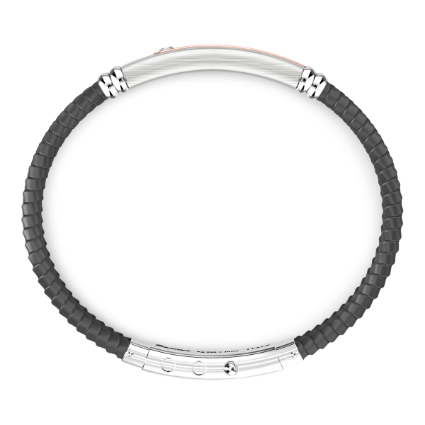Bracciale Zancan in silicone nero con targa in argento e dettagli in oro rosa.
