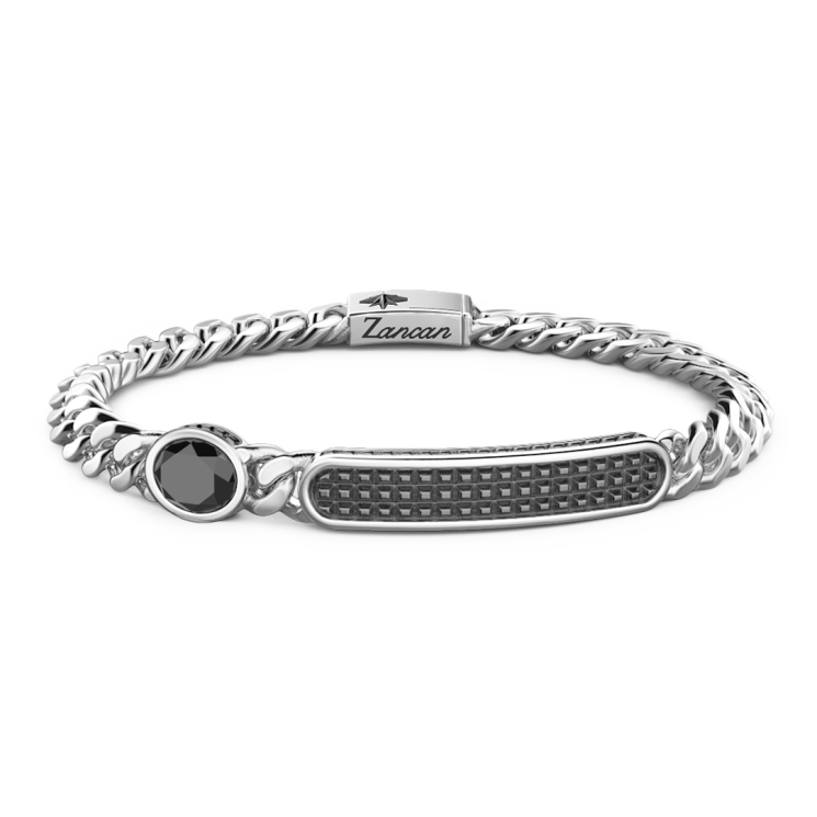 Zancan-Panzerkettenarmband aus Silber mit Plakette und schwarzem Edelstein.