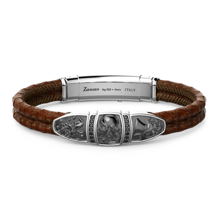 Pulsera Zancan de piel con placa y calavera.