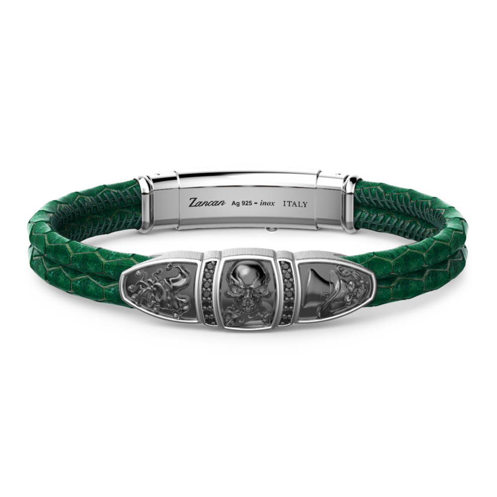 Pulsera Zancan de piel con placa y calavera.