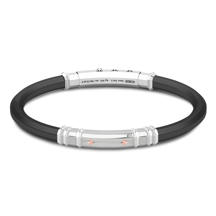 Bracciale Zancan in silicone nero con targa in argento e dettagli in oro rosa.