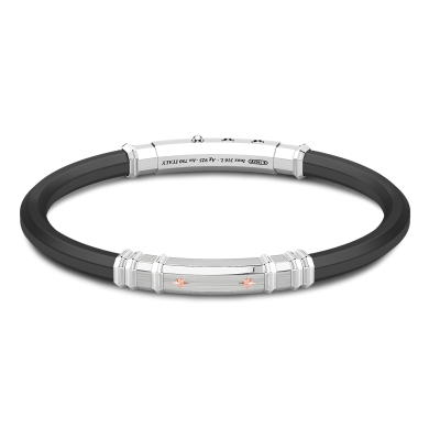 Bracciale Zancan in silicone nero con targa in argento e dettagli in oro rosa.