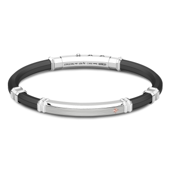 Zancan-Armband aus schwarzem Silikon mit Plakette aus Silber und Details aus Roségold.