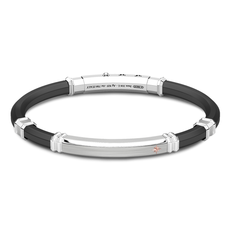 Zancan black silicone bracelet with silver tag and rose gold details.