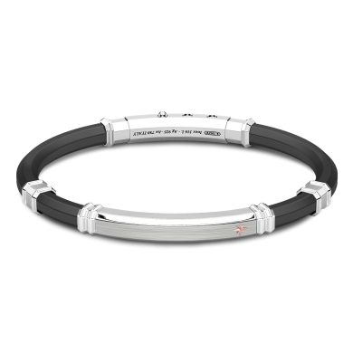 Zancan black silicone bracelet with silver tag and rose gold details.