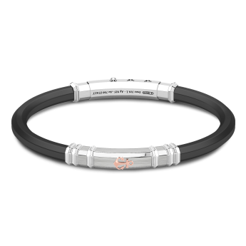 Zancan black silicone bracelet with silver tag and rose gold details.
