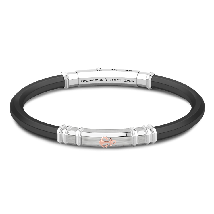 Zancan-Armband aus schwarzem Silikon mit Plakette aus Silber und Details aus Roségold.