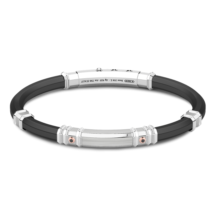 Zancan-Armband aus schwarzem Silikon mit Plakette aus Silber und Details aus Roségold.