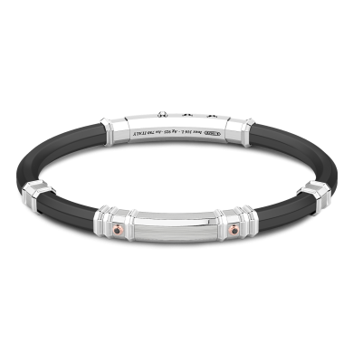 Zancan black silicone bracelet with silver tag and rose gold details.