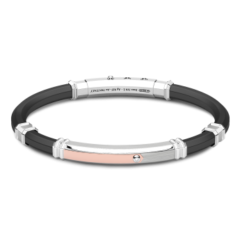 Pulsera Zancan de silicona negra con placa de plata y detalles de oro rosa.