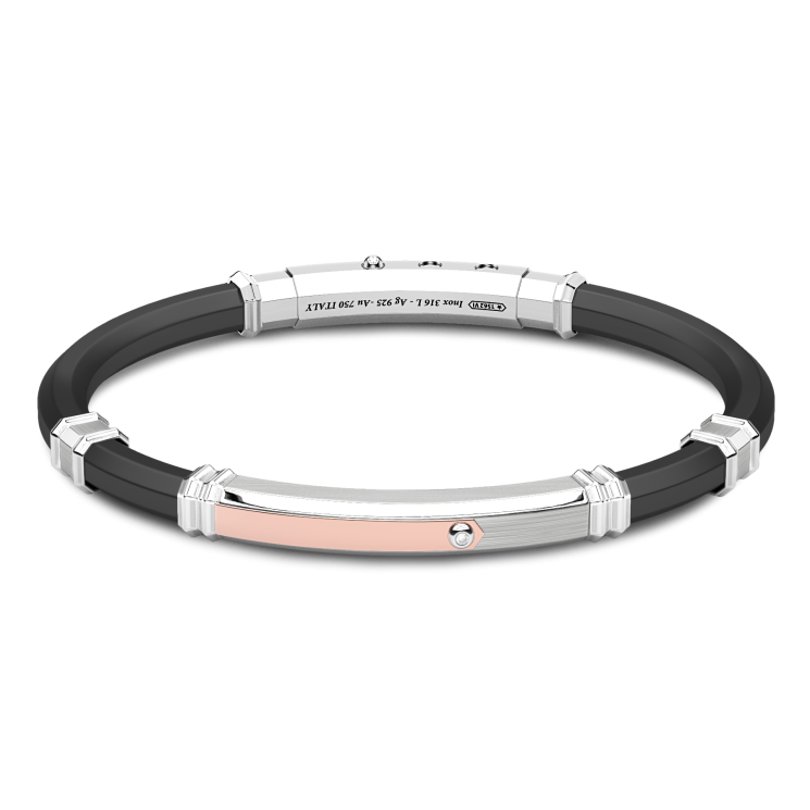 Zancan black silicone bracelet with silver tag and rose gold details.