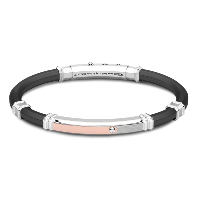 Zancan black silicone bracelet with silver tag and rose gold details.