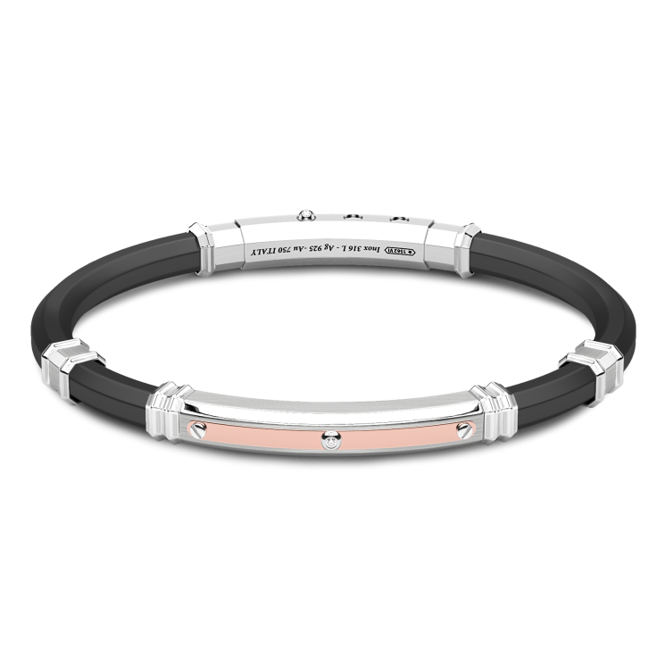 Zancan black silicone bracelet with silver tag and rose gold details.