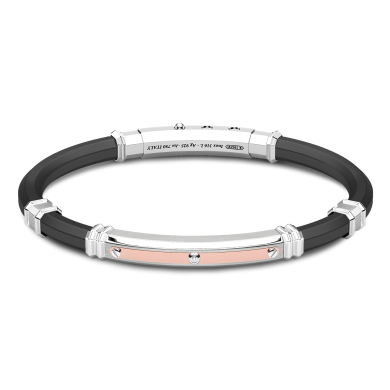Bracciale Zancan in silicone nero con targa in argento e dettagli in oro rosa.