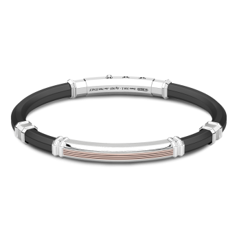 Pulsera Zancan de silicona negra con placa de plata y detalles de oro rosa.