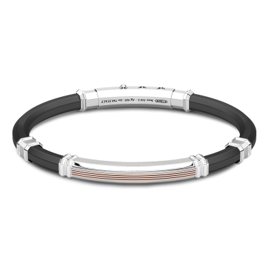 Bracciale Zancan in silicone nero con targa in argento e dettagli in oro rosa.