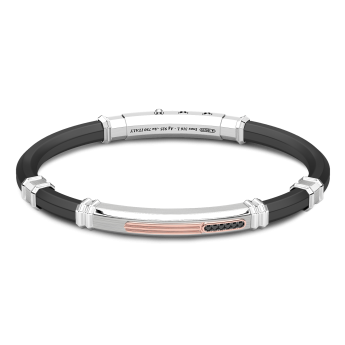 Zancan black silicone bracelet with silver tag and rose gold and black stone details.