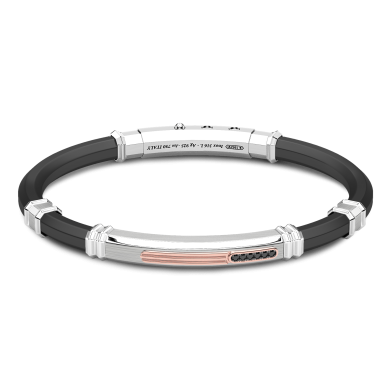 Zancan black silicone bracelet with silver tag and rose gold and black stone details.