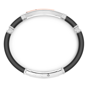 Zancan black silicone bracelet with silver tag and rose gold and black stone details. 2