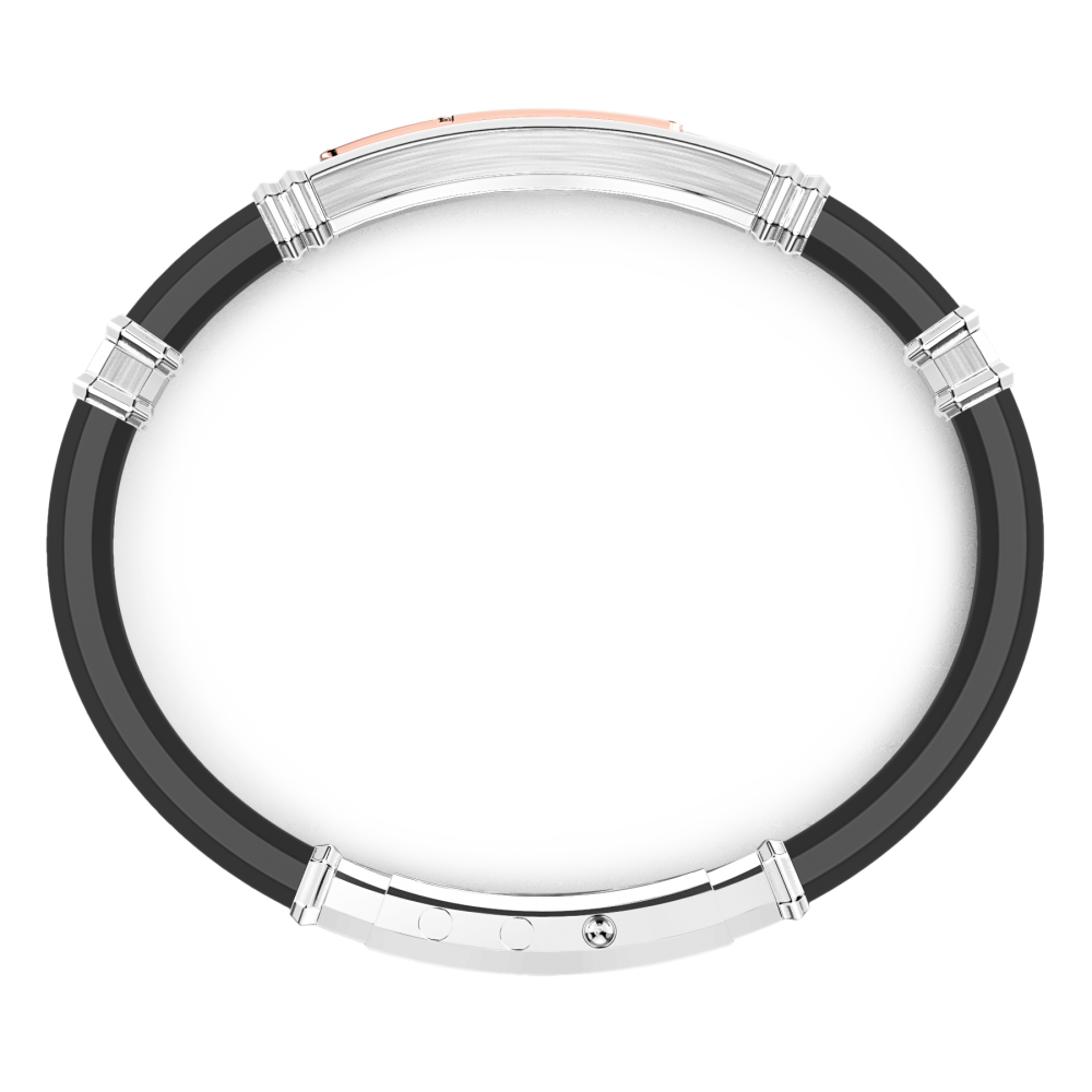 Zancan black silicone bracelet with silver tag and rose gold and black stone details.