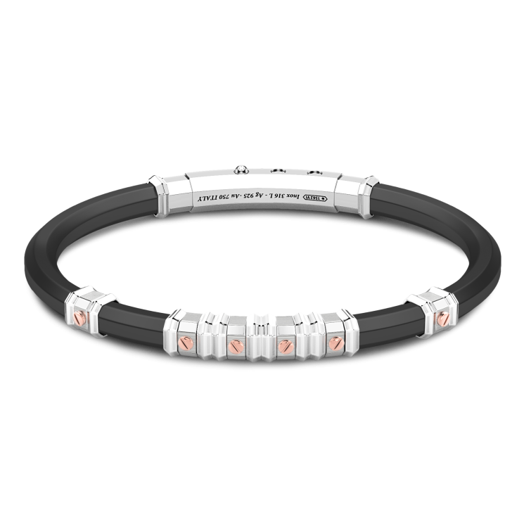 Bracciale Zancan in silicone nero con targa in argento e dettagli in oro rosa.