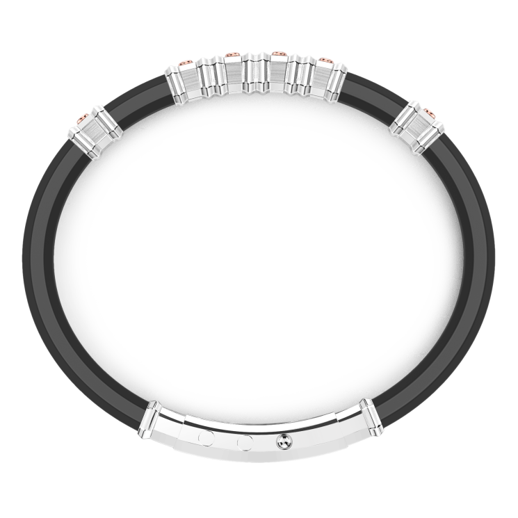 Bracciale Zancan in silicone nero con targa in argento e dettagli in oro rosa.