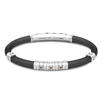 Pulsera Zancan de silicona negra con placa de plata y detalles de oro rosa.