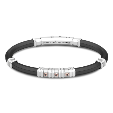 Bracciale Zancan in silicone nero con targa in argento e dettagli in oro rosa.