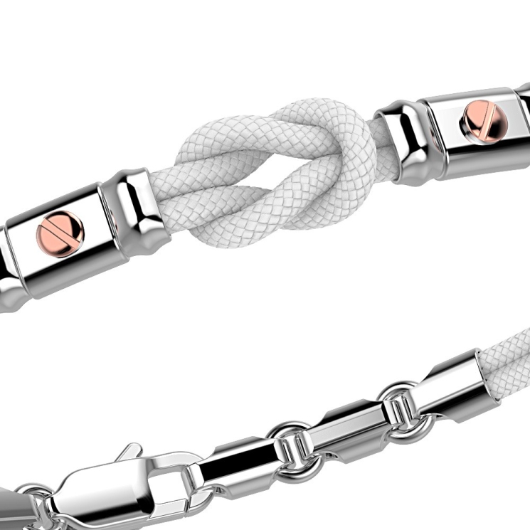 Pulsera Zancan de kevlar con nudo náutico y tornillos de oro rosa.