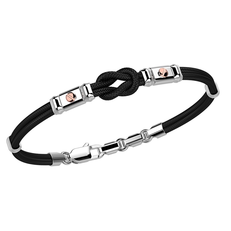 Pulsera Zancan de kevlar con nudo náutico y tornillos de oro rosa.