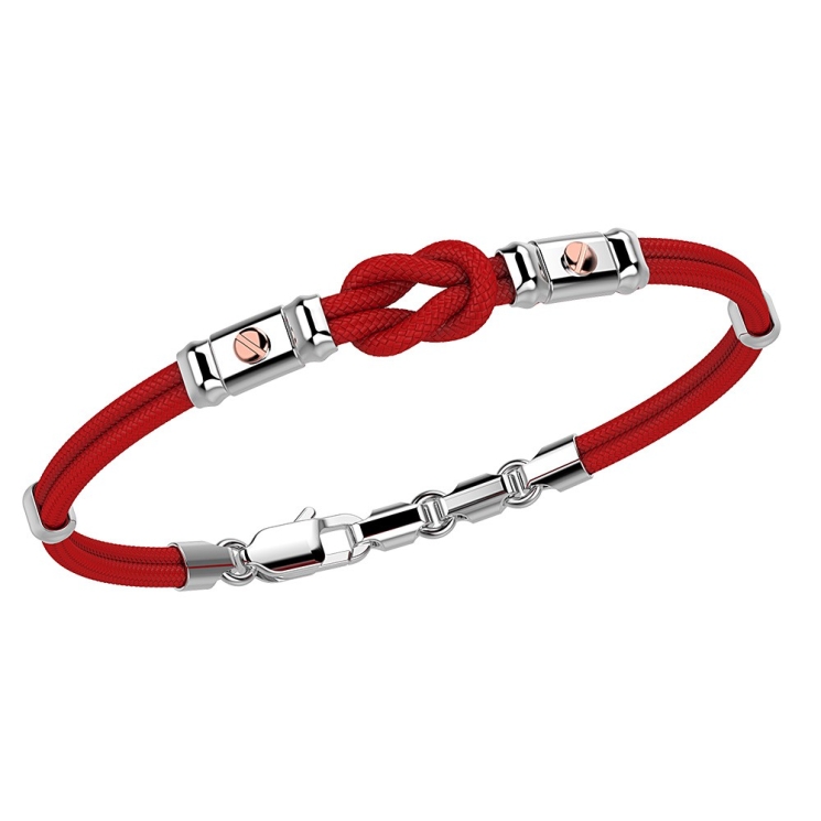 Pulsera Zancan de kevlar con nudo náutico y tornillos de oro rosa.