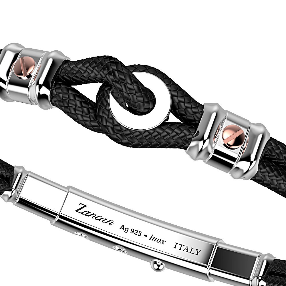 Pulsera Zancan de kevlar con nudo náutico y tornillos de oro rosa.