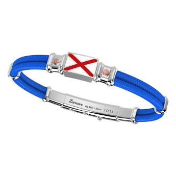 Zancan kevlar bracelet with lacquered silver nautical flag and rose gold screws.