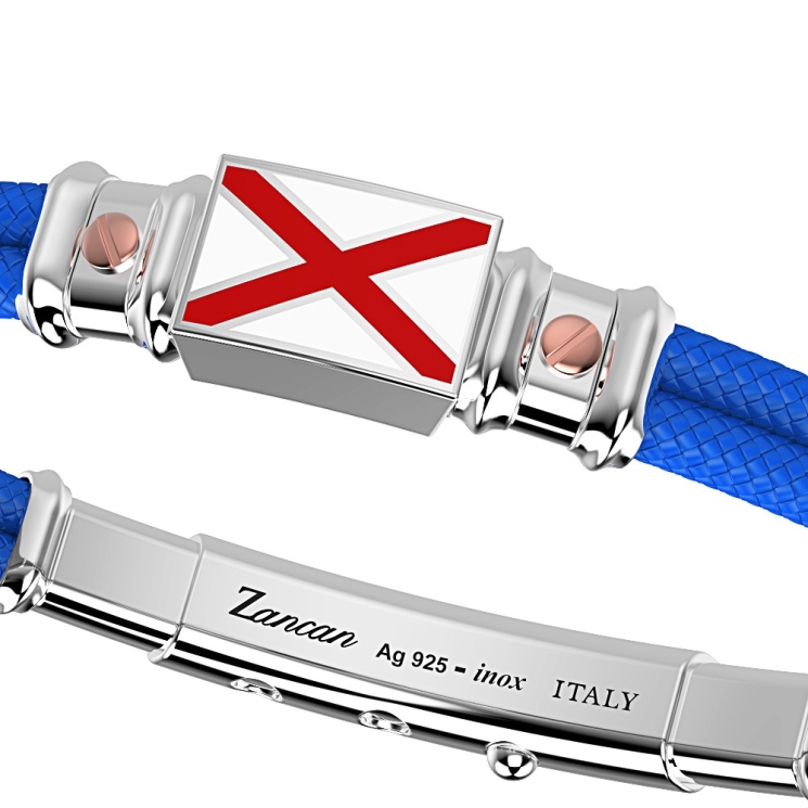 Pulsera Zancan de kevlar con bandera náutica de plata esmaltada y tornillos de oro rosa.