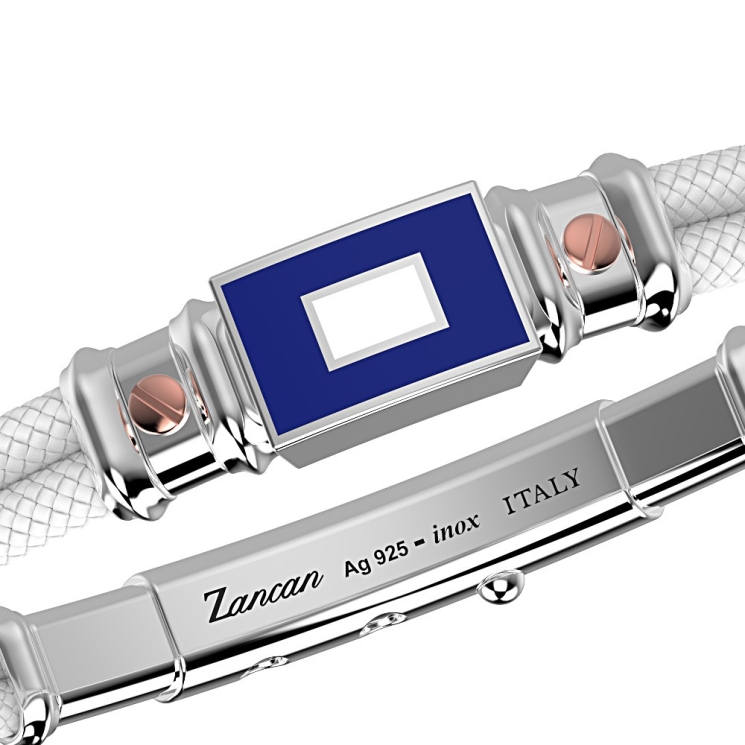 Pulsera Zancan de kevlar con bandera náutica de plata esmaltada y tornillos de oro rosa.