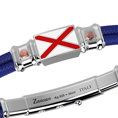 Pulsera Zancan de kevlar con bandera náutica de plata esmaltada y tornillos de oro rosa.