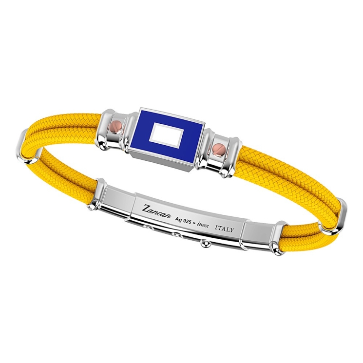 Pulsera Zancan de kevlar con bandera náutica de plata esmaltada y tornillos de oro rosa.