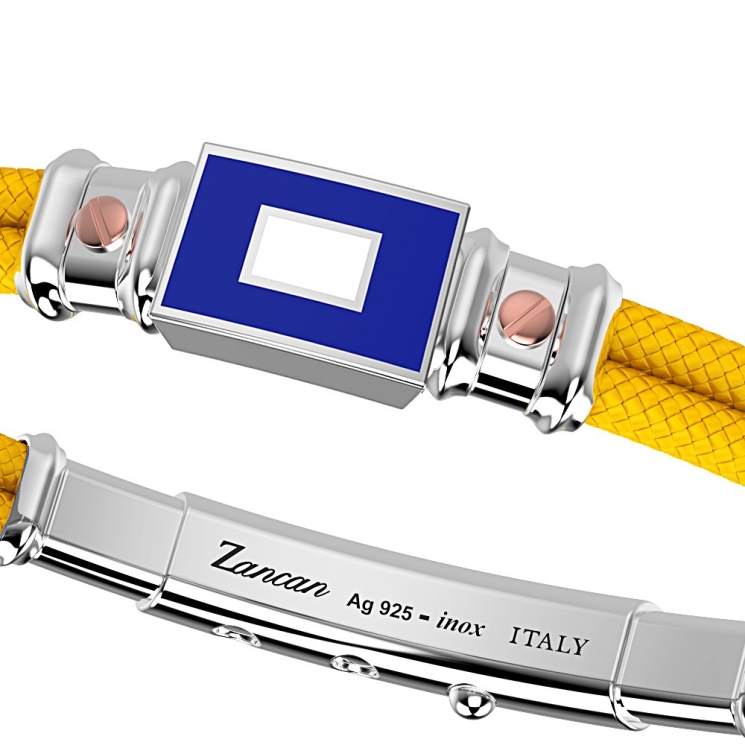 Pulsera Zancan de kevlar con bandera náutica de plata esmaltada y tornillos de oro rosa.
