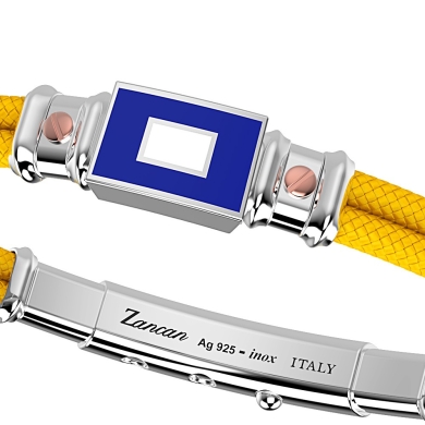 Pulsera Zancan de kevlar con bandera náutica de plata esmaltada y tornillos de oro rosa.