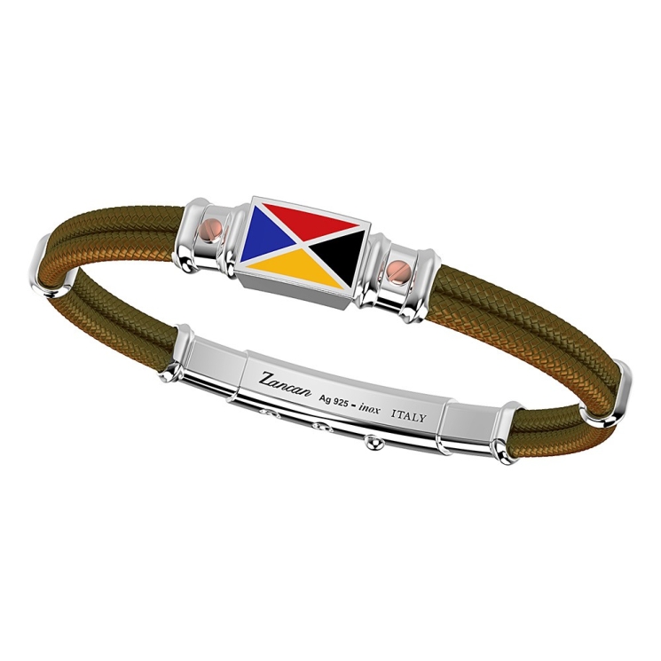 Pulsera Zancan de kevlar con bandera náutica de plata esmaltada y tornillos de oro rosa.