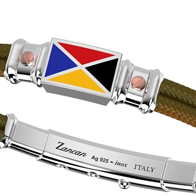 Pulsera Zancan de kevlar con bandera náutica de plata esmaltada y tornillos de oro rosa.