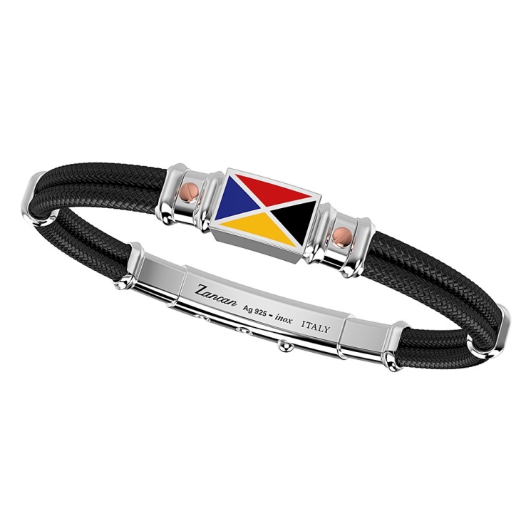 Pulsera Zancan de kevlar con bandera náutica de plata esmaltada y tornillos de oro rosa.