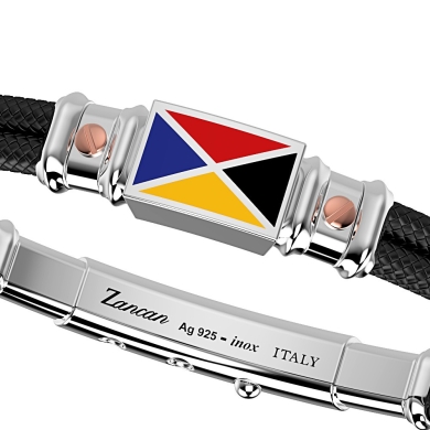Pulsera Zancan de kevlar con bandera náutica de plata esmaltada y tornillos de oro rosa.