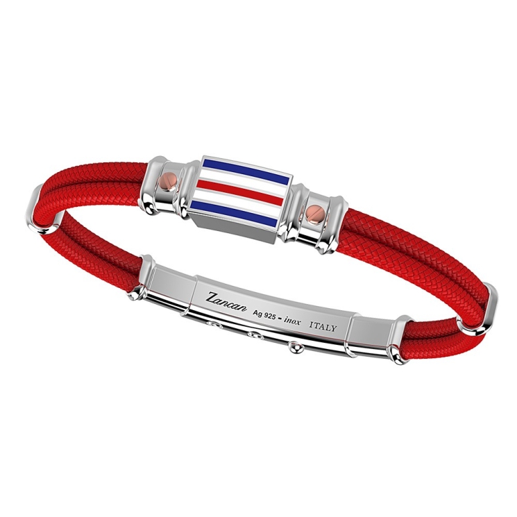 Zancan kevlar bracelet with lacquered silver nautical flag and rose gold screws.